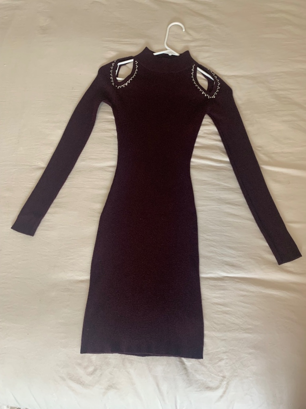 Say What? Burgundy Rhinestone Cold Shoulder Ribbed Knit Sweater Mini Dress M